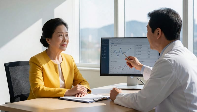 수면다원검사 결과를 바탕으로 코골이와 수면무호흡 정도를 확인하는 진료 장면입니다.