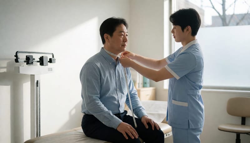 의료진이 환자의 목둘레를 줄자로 측정하는 진료실 모습