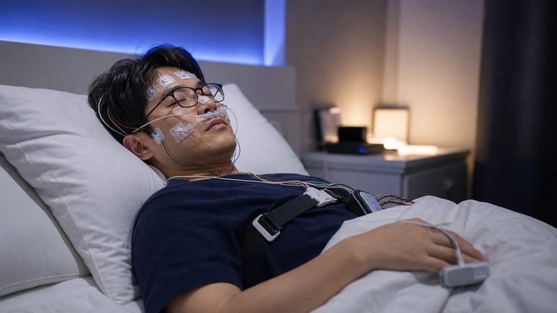 수면다원검사는 하룻밤 동안 뇌파와 호흡, 산소포화도 등을 동시에 기록합니다.