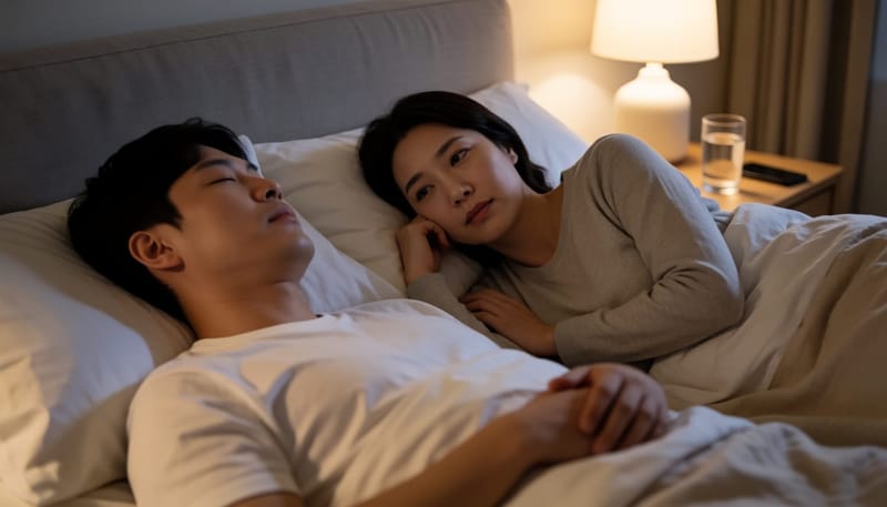 밤에 침대에서 잠든 남편을 걱정스럽게 바라보는 아내의 모습