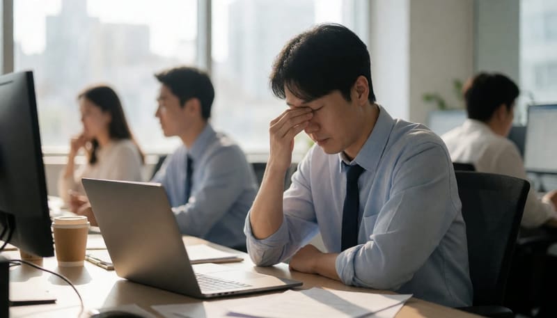 낮 동안 피로감에 눈을 비비는 직장인 남성의 모습
