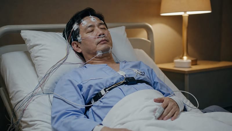 수면다원검사 중 뇌파와 호흡, 산소포화도를 동시에 기록하는 모습