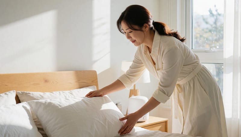 베개 높이와 가습기 위치를 조정해 코막힘을 자가관리하는 장면입니다.