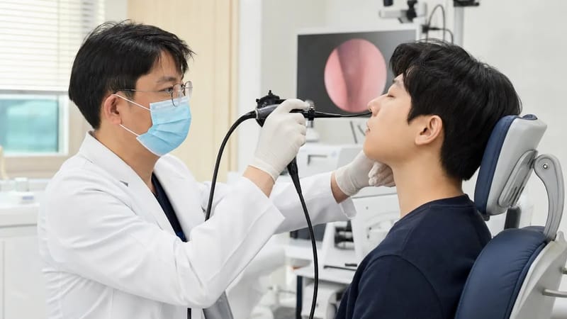 후두내시경검사로 성대와 인후두 점막 상태를 직접 확인합니다