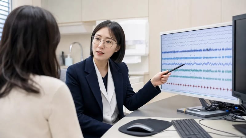 수면다원검사 결과는 뇌파와 호흡, 산소포화도 등을 함께 살펴 확인합니다.
