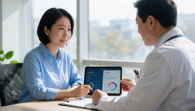 의사가 수면다원검사 결과지를 짚어가며 치료법을 하나씩 설명해준다