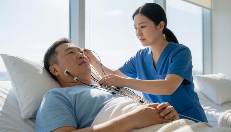 검사 당일에는 머리와 얼굴, 가슴, 다리에 여러 센서를 부착한 채로 하룻밤을 보내게 됩니다.