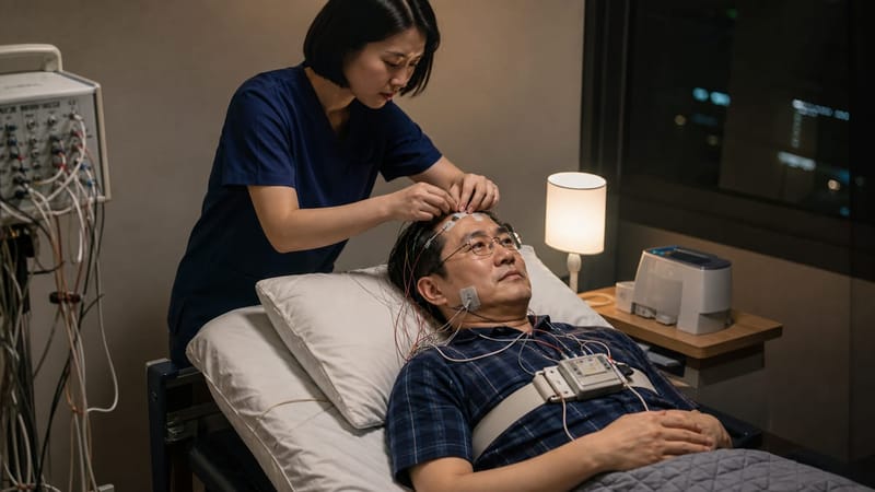 수면다원검사는 전극과 센서를 부착한 채 밤새 여러 채널을 동시에 기록합니다