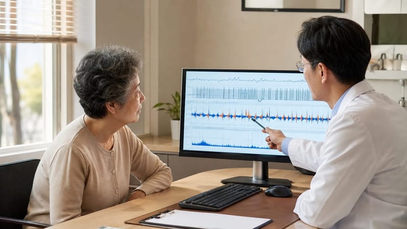 검사 결과지의 AHI, 산소포화도 그래프를 의료진과 함께 확인하는 과정입니다
