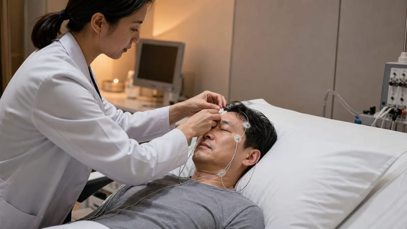 수면다원검사 중에는 뇌파, 호흡, 산소포화도 등 여러 신호를 동시에 기록하는 센서가 몸에 부착됩니다.