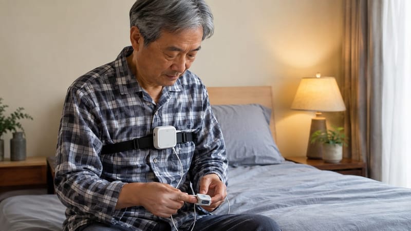 가정에서 사용하는 간이 수면검사 장비는 호흡과 산소포화도 등 제한된 신호만을 기록합니다.