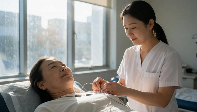수면다원검사에서는 밤새 여러 신호와 영상이 함께 기록됩니다.