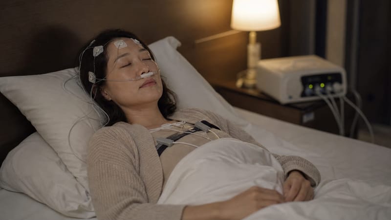 수면다원검사 중에는 뇌파와 호흡기류 등을 측정하는 센서가 몸에 부착됩니다.