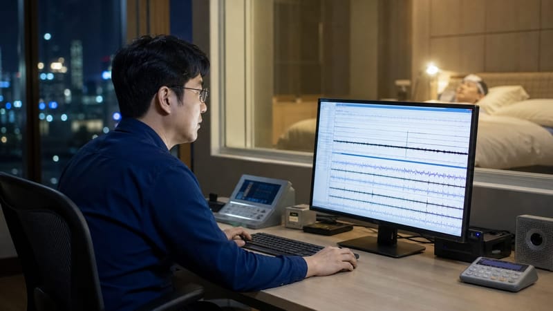 검사 중 기록된 뇌파·호흡·산소포화도 데이터는 수면 단계별로 종합 분석됩니다.