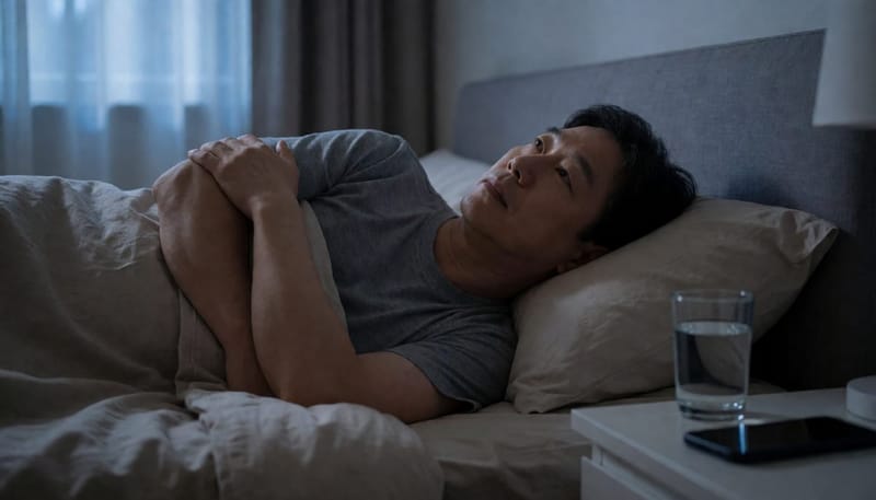 침대에 누워 잠들지 못하고 천장을 바라보는 중년 남성의 모습