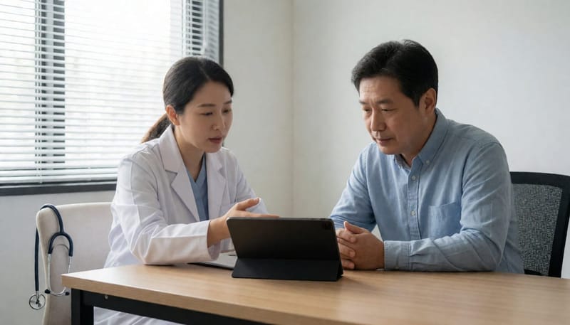 의사가 태블릿 화면을 보여주며 환자에게 검사 결과를 설명하는 모습