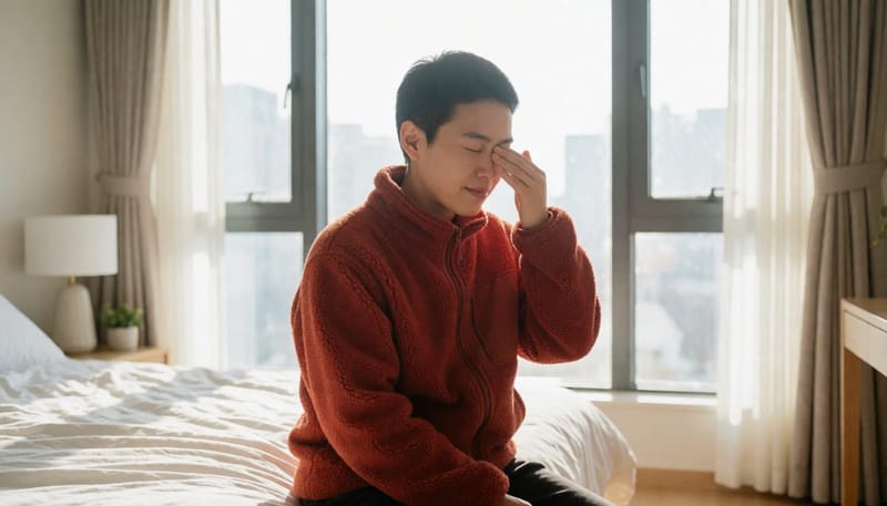건조해진 아침, 개운하지 않은 기분으로 하루를 시작하는 모습