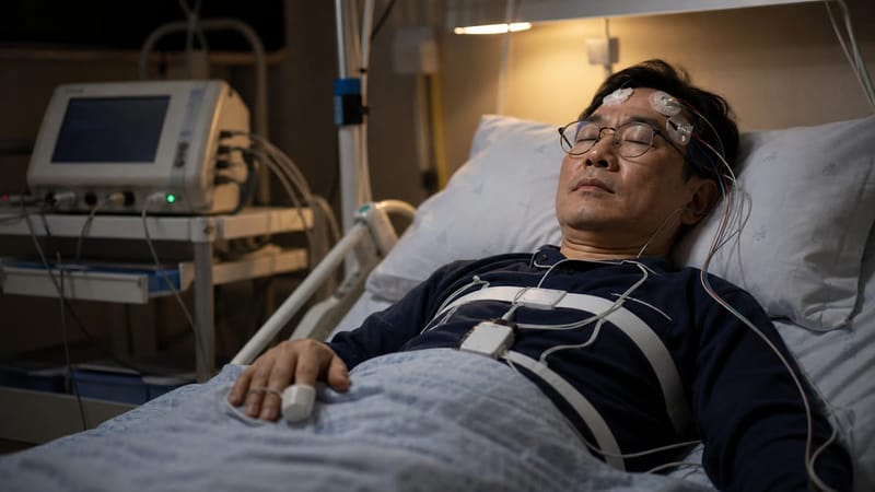 수면다원검사는 뇌파와 호흡, 산소포화도를 하룻밤 동안 함께 기록합니다