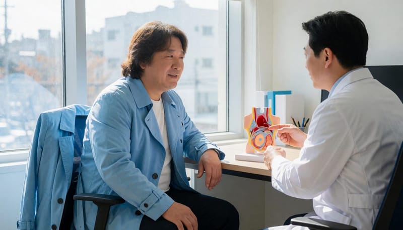 기도 구조와 원인을 모형으로 설명하는 진료 장면