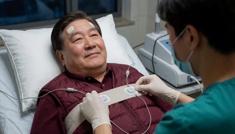 수면다원검사는 뇌파부터 산소포화도까지 여러 신호를 동시에 기록합니다.