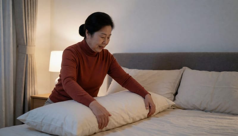 옆으로 눕는 자세를 연습하는 것도 기도 압박을 줄이는 생활관리 방법입니다.