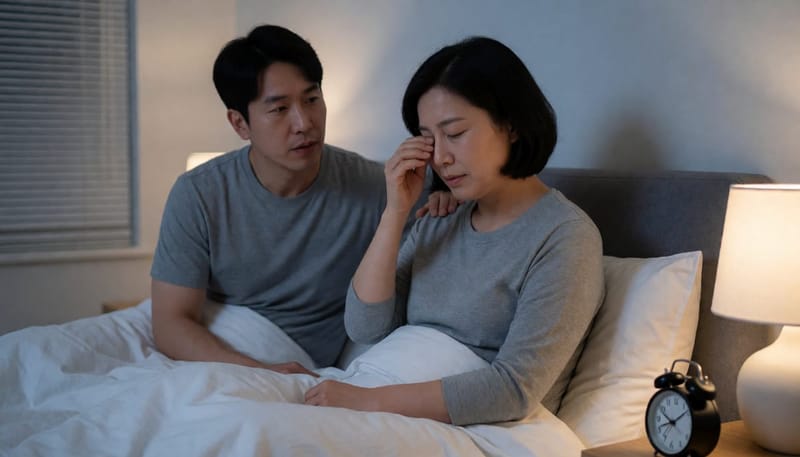 밤에 잠에서 깬 여성이 피곤한 표정으로 눈을 비비고 있다