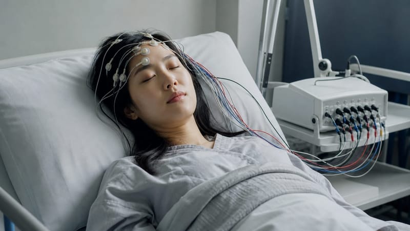 수면다원검사는 뇌파부터 산소포화도까지 여러 신호를 동시에 기록합니다.