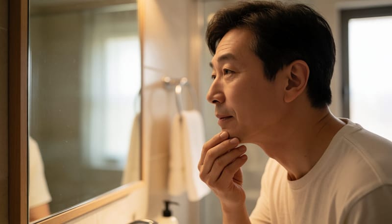 거울 앞에서 손가락으로 입술을 내리고 잇몸을 살펴보는 남성