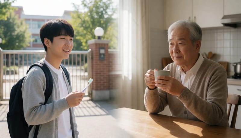 교정기를 낀 10대 남학생과 잇몸이 내려앉은 60대 남성을 나란히 보여주는 장면