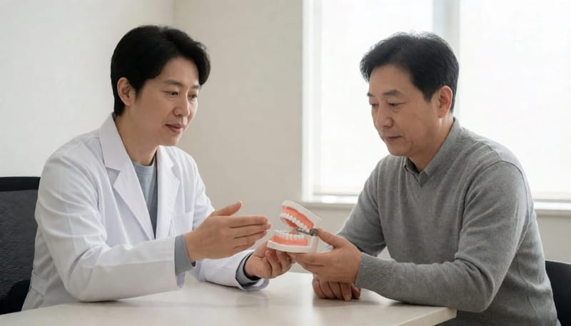 치과의사가 환자에게 맞춤형 잇몸 관리법을 설명하는 진료실 장면