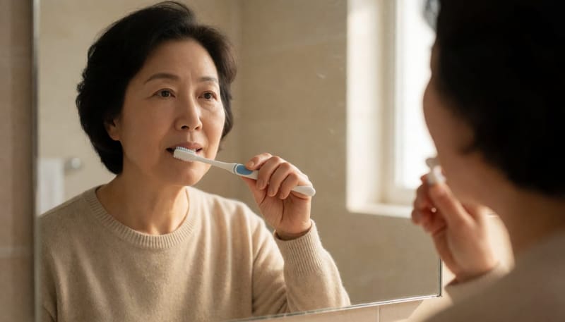 칫솔질 중 잇몸 시림을 느끼며 인상을 찌푸리는 여성의 거울 속 모습