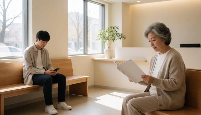 밝고 차분한 분위기의 병원 대기 공간에서 환자들이 편안하게 앉아 있는 모습