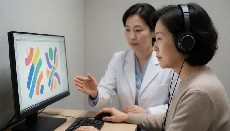 환자가 헤드폰을 쓰고 컴퓨터 화면을 보며 인지 검사를 받는 모습