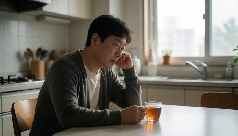 피곤한 표정으로 아침 식탁에 앉아 있는 중년 남성의 모습