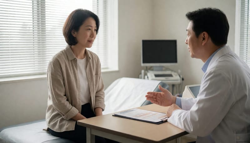 의사와 마주 앉아 상담을 받고 있는 여성 환자의 진료 장면