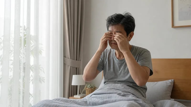 충분히 잤다고 생각해도 개운하지 않은 아침을 보여주는 장면입니다.