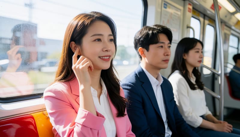 지하철에서 하품하다 귀 쪽에 손을 대는 여성