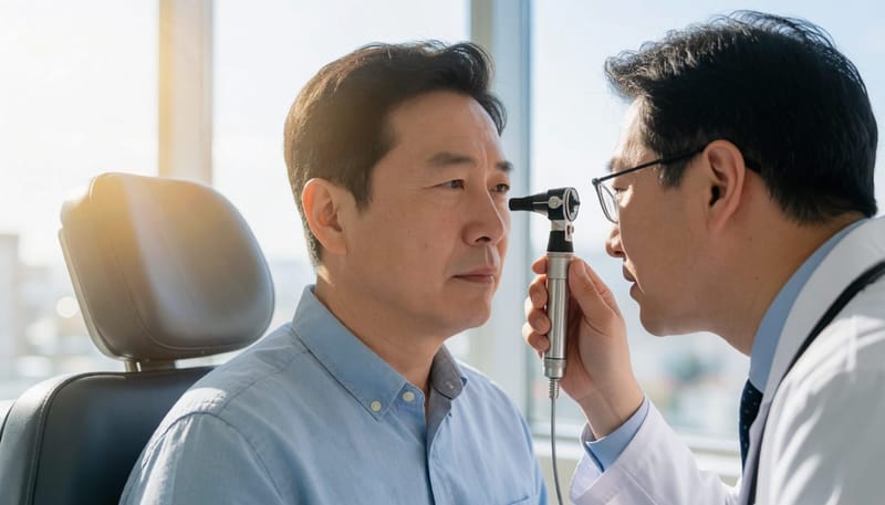 이비인후과에서 귀 검사를 받는 남성 환자