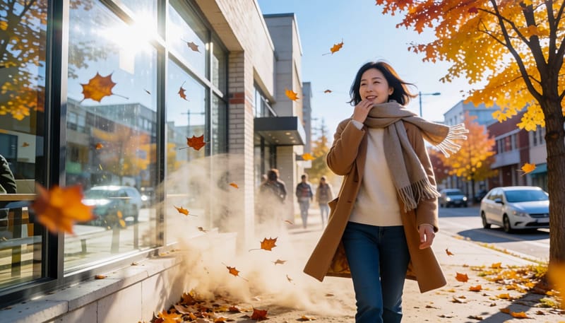 건조한 바람 부는 환절기 거리를 걷는 여성