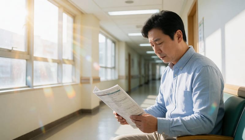 위 내시경 결과지를 손에 들고 걱정스러운 표정으로 앉아있는 남성