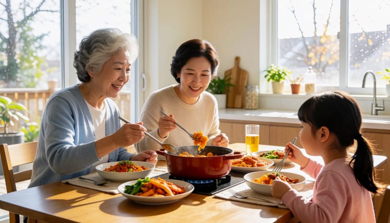 한 냄비 음식을 나눠 먹는 3대 가족의 저녁 식사 모습