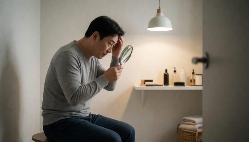 남성이 확대 거울로 정수리 부위 두피 상태를 직접 살펴보는 모습