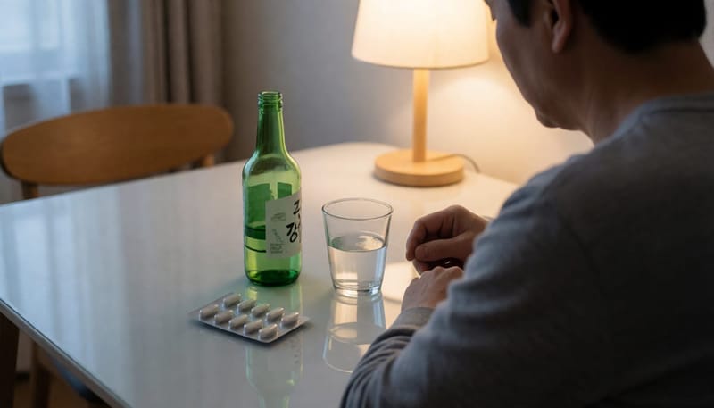 밤늦게 혼자 술을 마시며 탈모약을 챙기는 남성의 모습