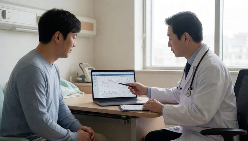 병원에서 혈액검사 결과를 두고 상담받는 환자와 의사