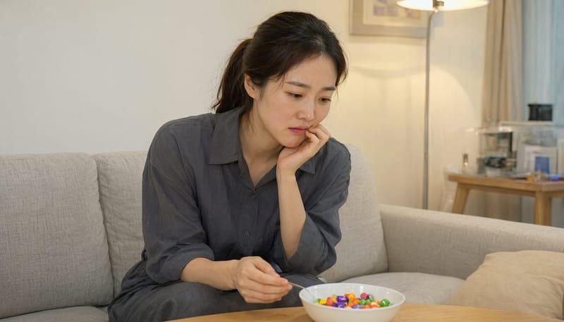 할로윈 사탕을 먹고 이 시림을 호소하며 아픈 곳을 짚는 여성