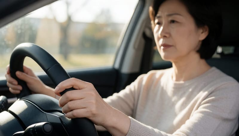 운전 중 손등에 비치는 햇빛과 기미가 도드라진 손등을 보여주는 장면