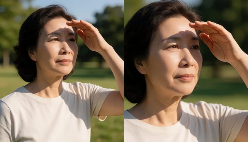 강한 햇빛 아래 야외를 걷는 중년 여성의 손과 팔에 비치는 자외선을 보여주는 장면