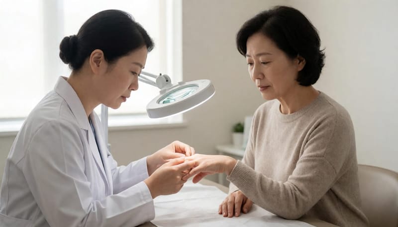 피부과에서 의사가 환자의 손등을 진료용 확대경으로 살펴보는 장면