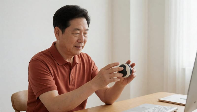 손가락 스트레칭과 점토로 근력 운동을 하는 60대 남성