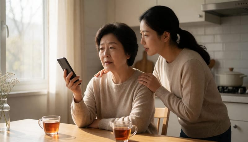 가족과 대화 중 잘 들리지 않아 되묻는 중년 여성의 일상 모습